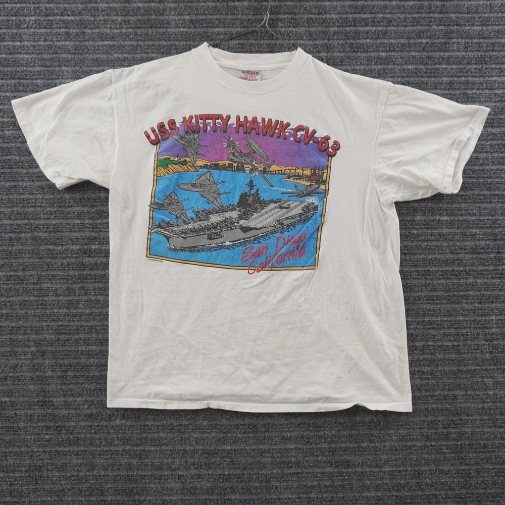 Vintage 90s Oneita USS Kitty Hawk CV-63 T-Shirt Mens Large White San Diego Navy